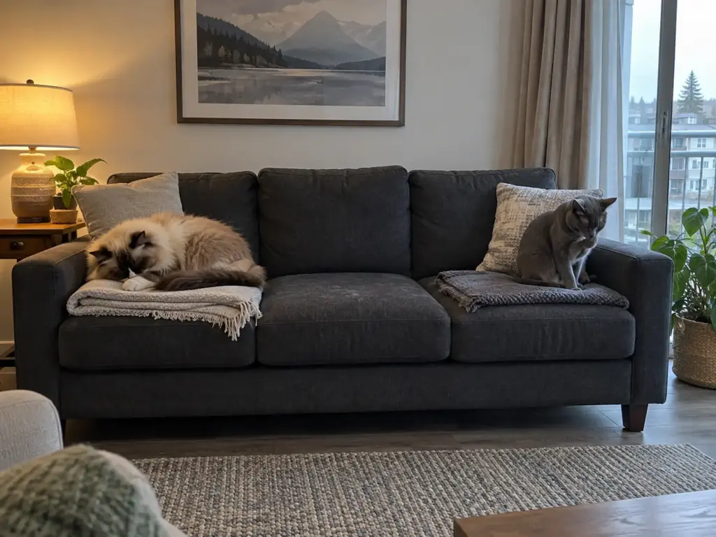 Two cats at opposite ends of a charcoal sofa, a large long-haired one asleep and a small grey one washing a paw