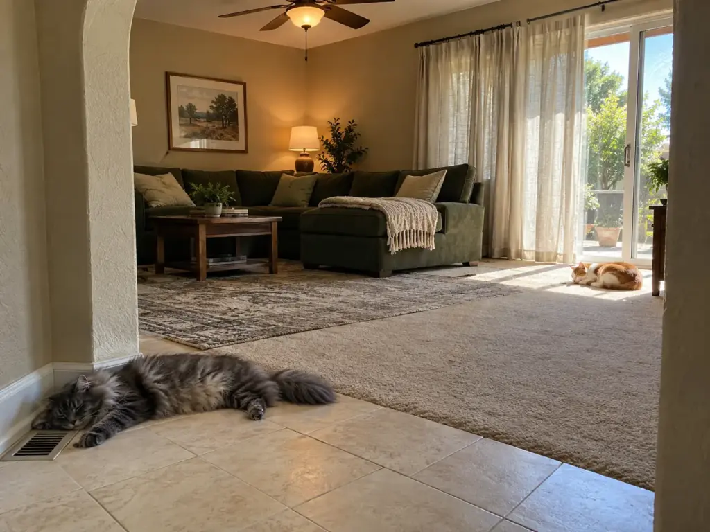 A smoke-grey long-haired cat lies on cool hallway tile while an orange-and-white cat curls in a sunny patch