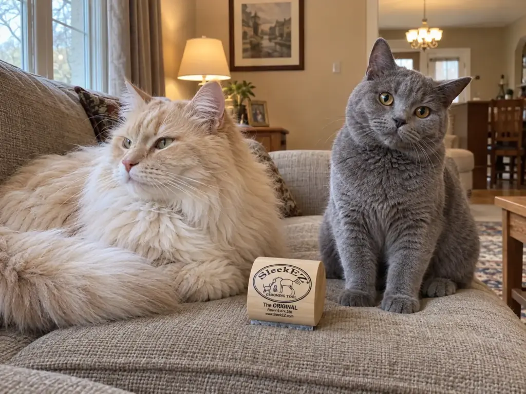 A large cream long-haired cat and a compact blue-grey short-haired cat side by side on one sofa cushion
