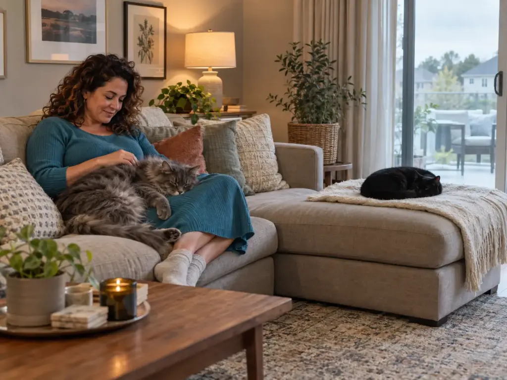 Woman on the sofa with a long-haired grey cat across her lap while a black shorthair curls up on a throw at the other end