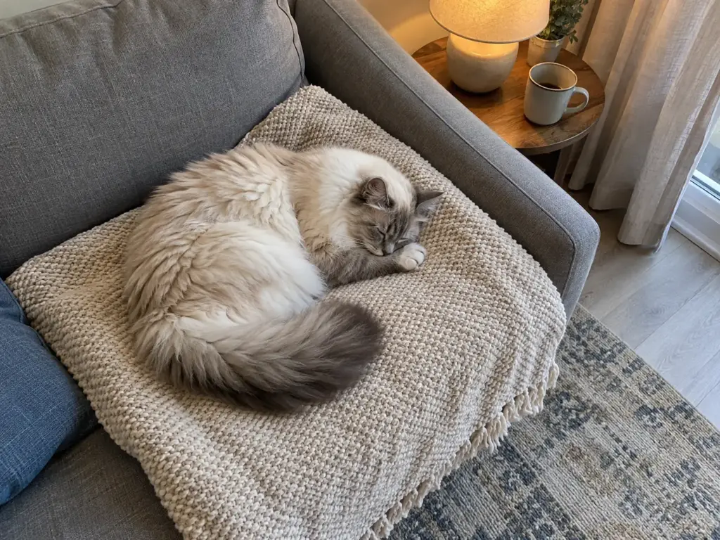 A long-haired cream-and-gray cat asleep on a folded washable cotton throw at the end of a sofa