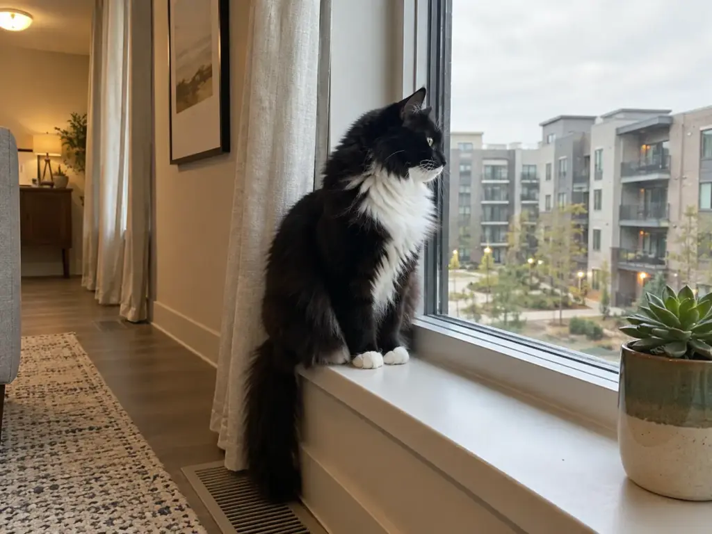 A black-and-white semi-long-haired cat sits on a windowsill looking out at an apartment courtyard