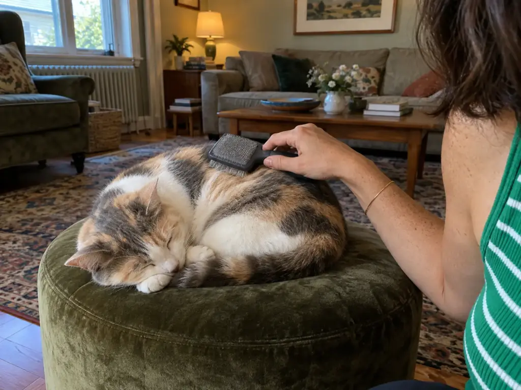 A woman's forearm and hand resting a soft slicker brush on a calico cat curled on a footstool