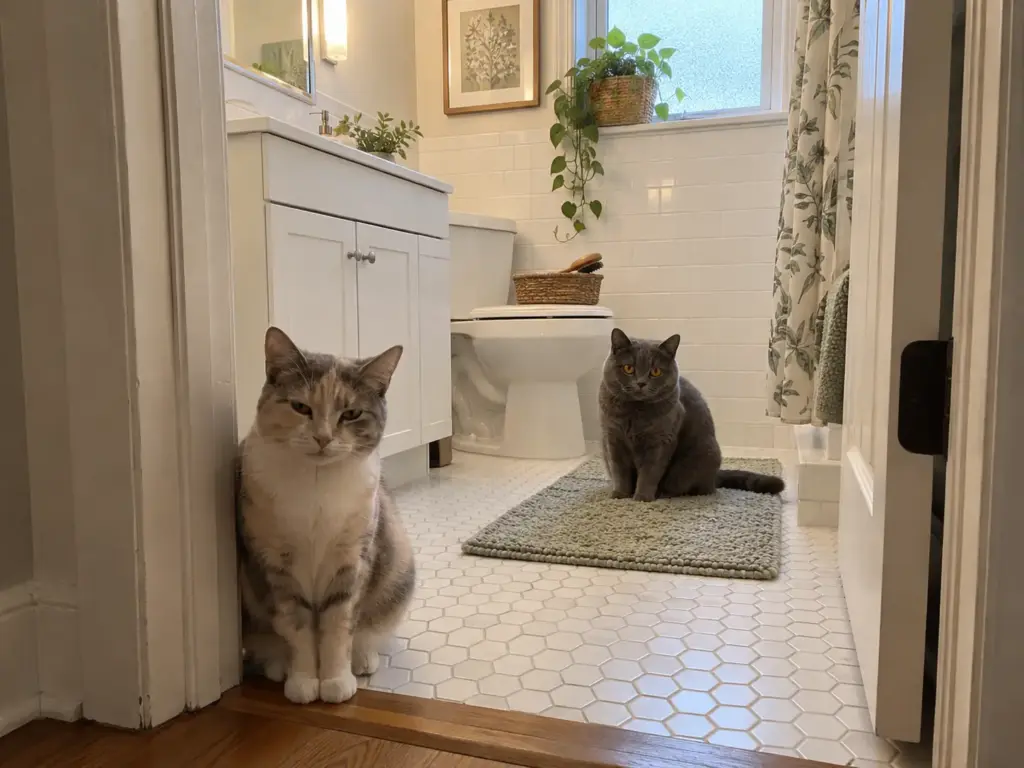 A grey cat sits on a bath mat while a second cat watches from the doorway, brushing a cat in a small apartment