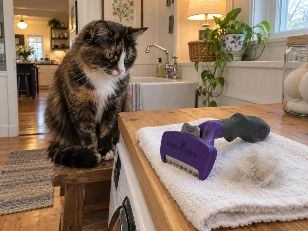 An undercoat deshedding tool on a folded towel beside a tuft of fine hair, a tortoiseshell cat watching