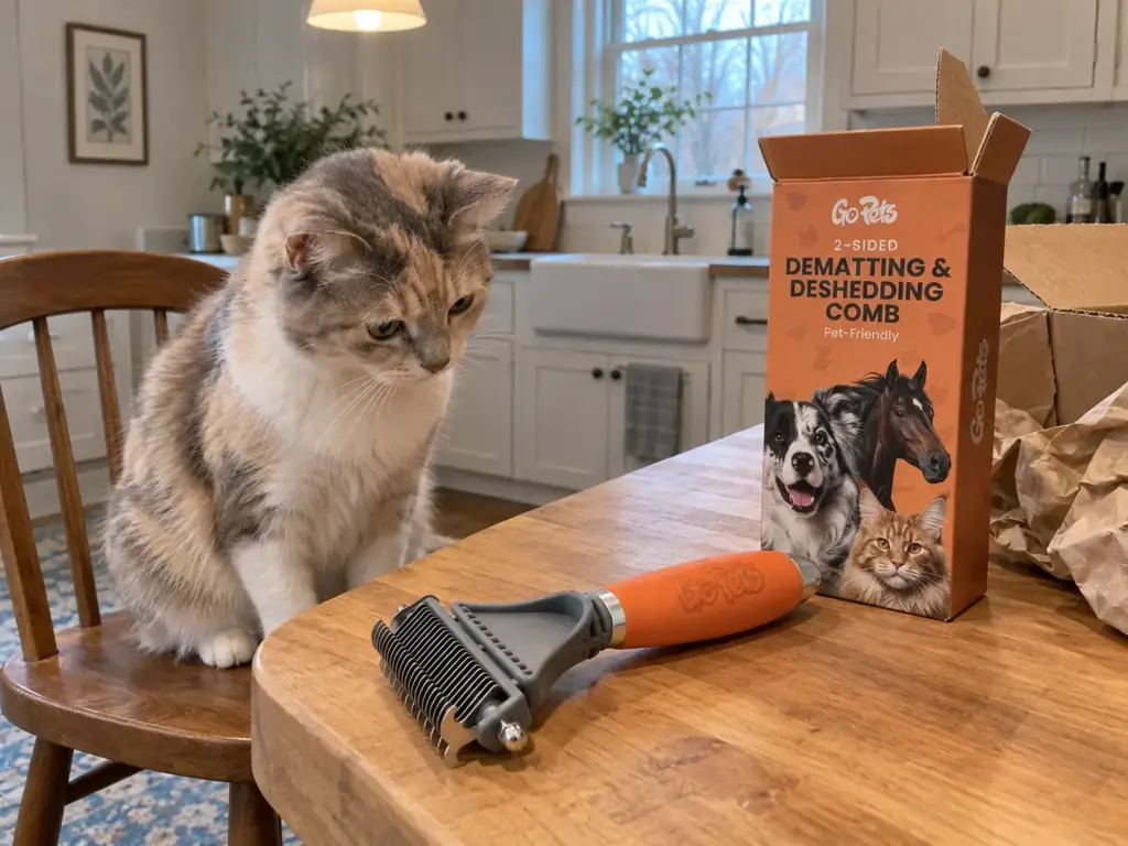 An orange-handled two-sided dematting comb beside its retail box on a kitchen island, a small calico cat on a chair