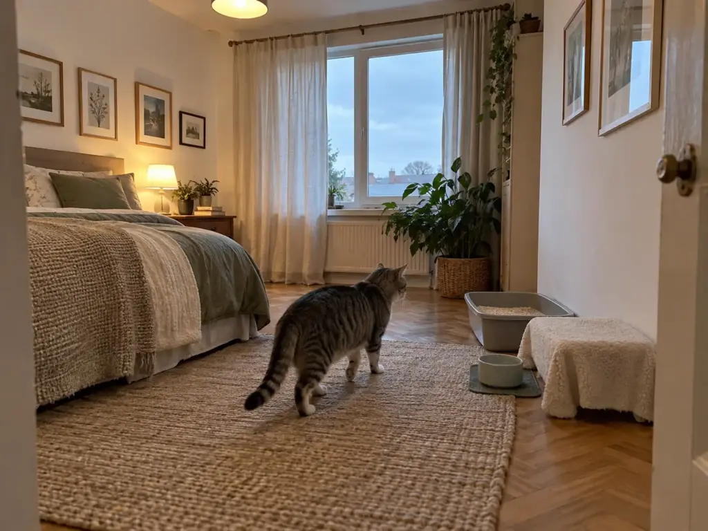 A gray tabby walks toward a low-sided litter tray in a bedroom corner next to a water dish and a fleece-covered step