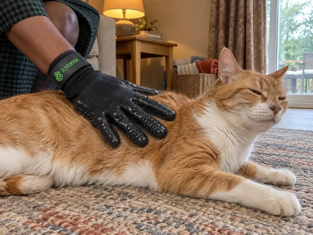 A hand in a grooming glove rests on the back of a lean older orange and white cat lying on a rug