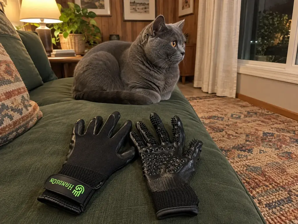 A pair of grooming gloves lies on a sofa cushion while a blue-grey short-haired cat sits a body length away