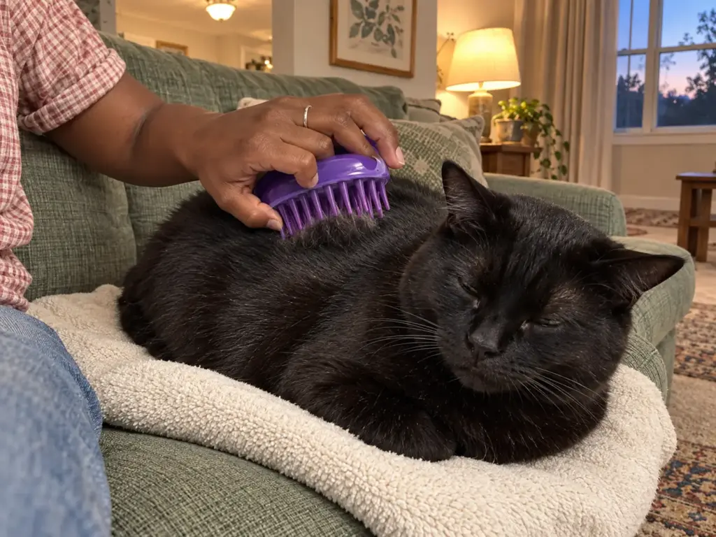 A woman's hand draws a rubber-pin brush down a stocky black short-haired cat resting on a towel on the sofa