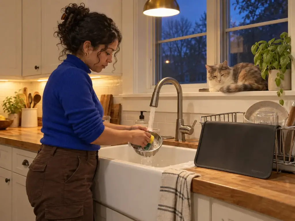 A woman hand-washes a small steel cat bowl at a farmhouse sink while a silicone feeding mat dries on the rack
