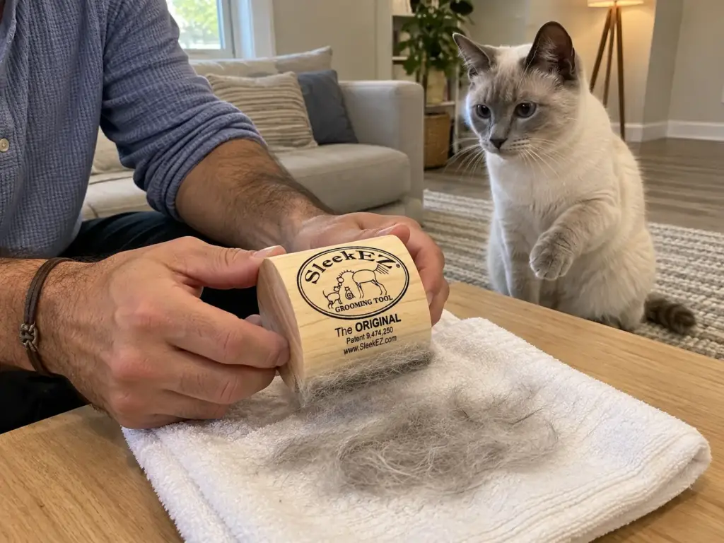 Hands holding a deshedding brush with collected grey hair over a white towel while a cream cat watches