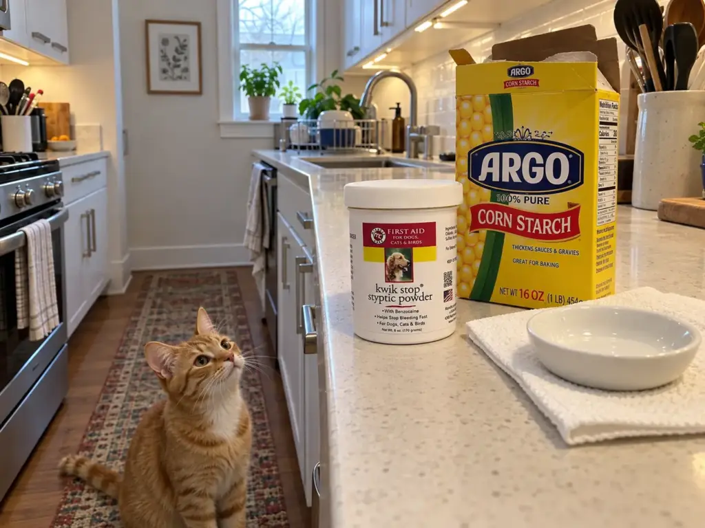 A tub of styptic powder beside an open box of cornstarch and a paper towel on a kitchen counter, a ginger cat below