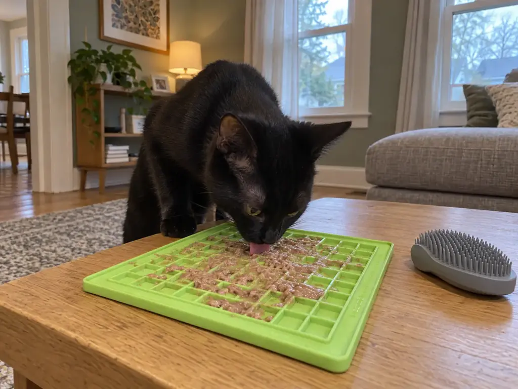 A half-grown black cat licks wet food from a lick mat on a coffee table, a trick for brushing a cat that gives you one minute