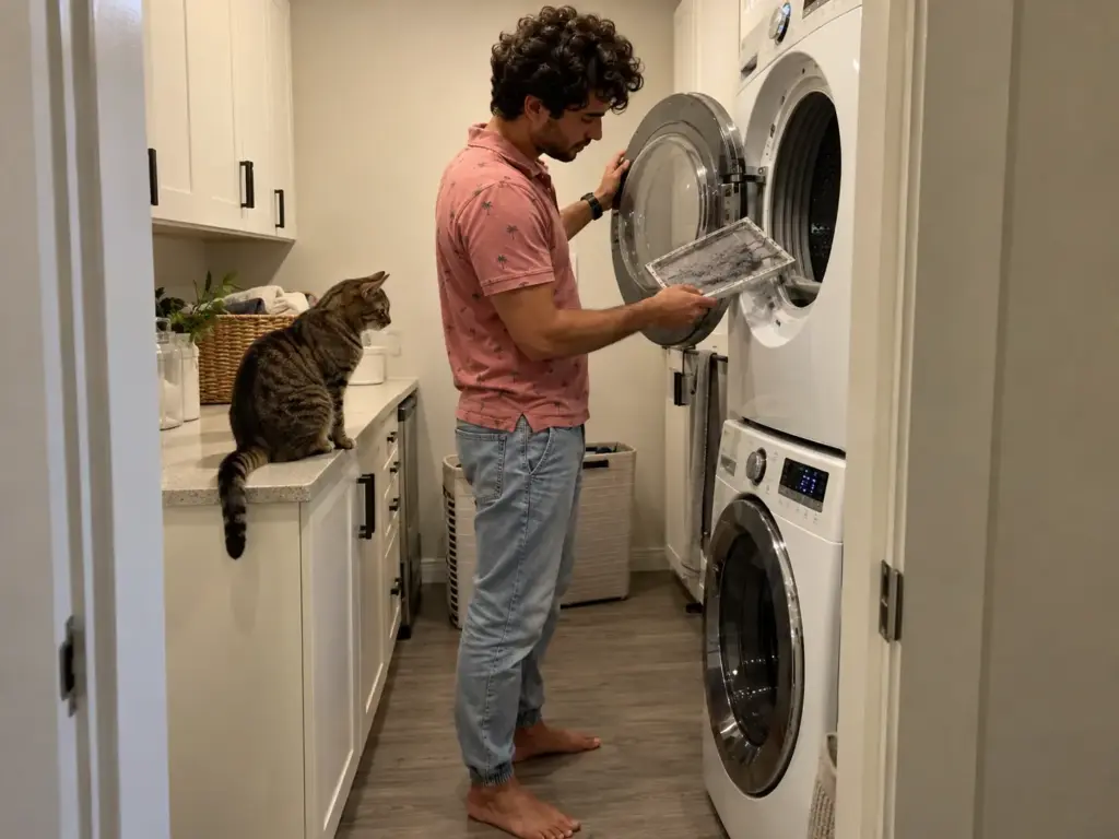 A man holds a dryer lint screen with a pad of lint at an open stacked dryer while a tabby sits on the counter beside him
