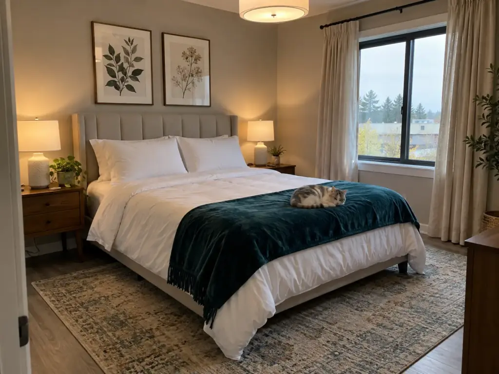 An older calico cat sleeps on a dark teal velvet throw folded across the foot of a made white bed