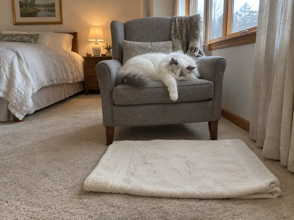 A pale towel lies folded on beige bedroom carpet beneath an armchair where a white long-haired cat sleeps