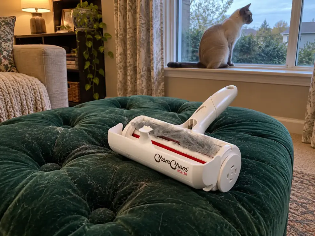 A pet hair roller resting on a green velvet tufted footstool by a window with a cream-point Siamese-type cat behind it