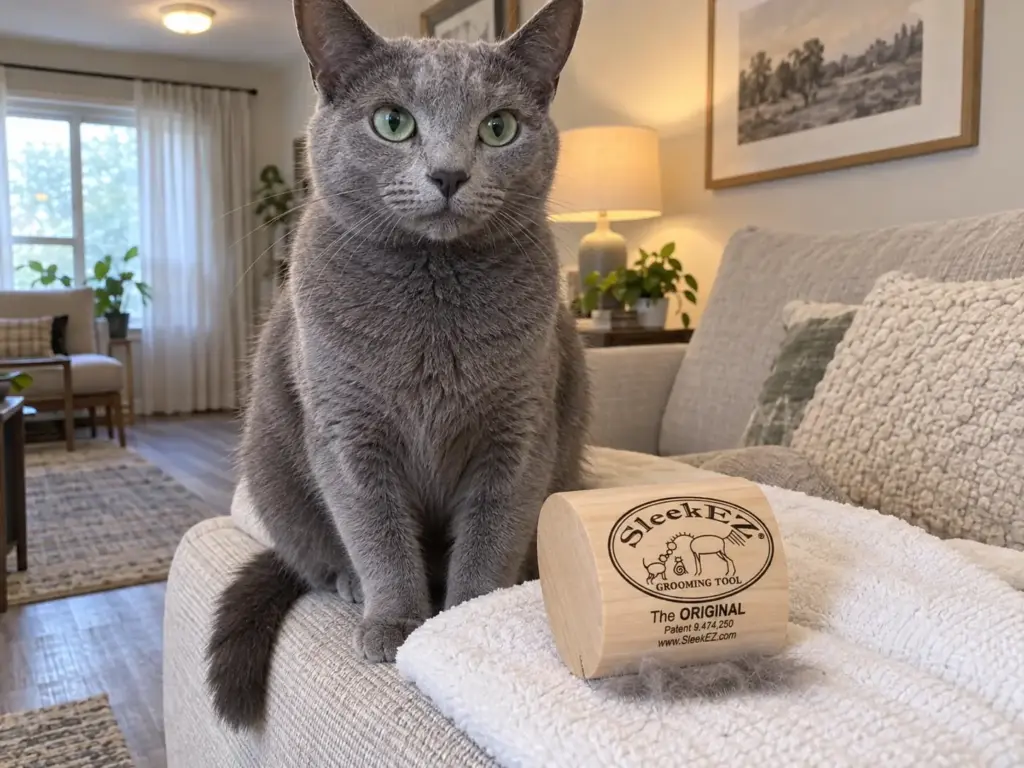 Russian Blue cat with a dense grey coat beside a SleekEZ deshedding brush on a folded towel on a sofa arm