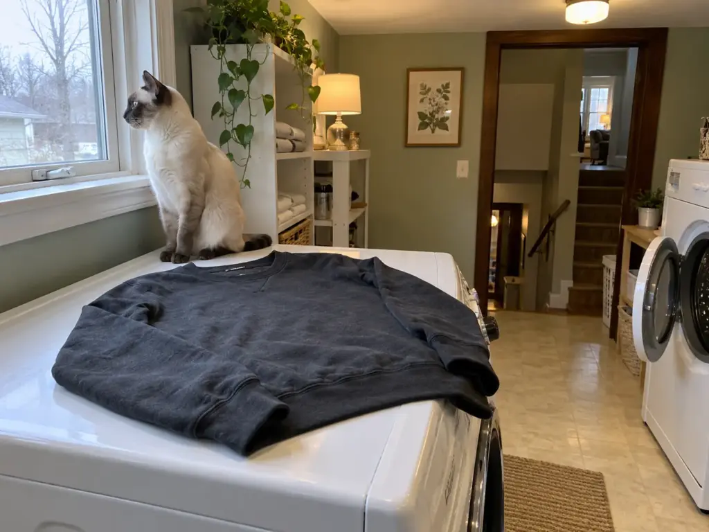 Dark charcoal sweatshirt laid flat on the washer by a window with a cream-point cat sitting beside it