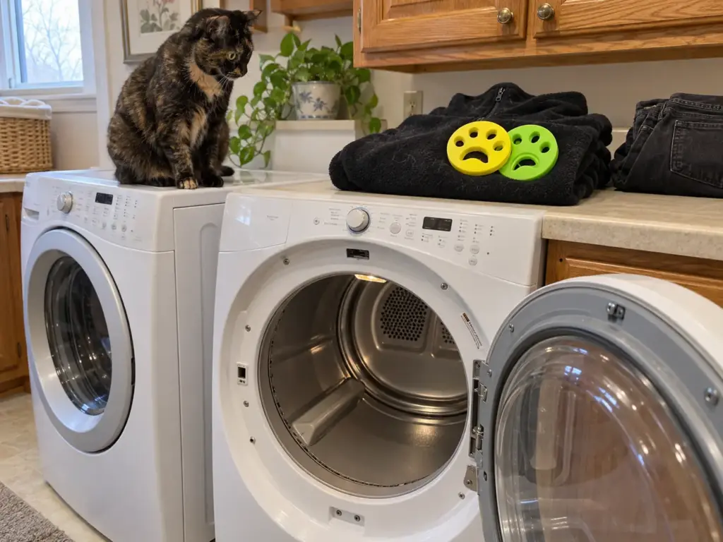 A tortoiseshell cat sits on the washer beside an open dryer, with FurZapper discs on a folded black fleece
