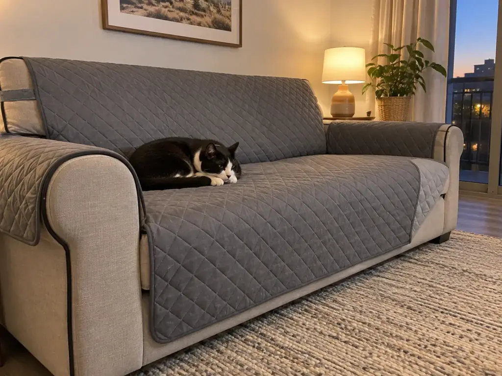 A black-and-white cat curled on a quilted washable sofa cover spread across a charcoal sofa seat in an apartment
