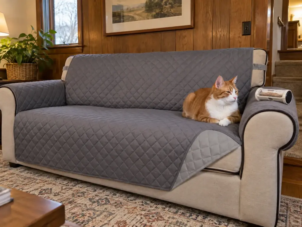 A young red-and-white cat loafs on a quilted washable sofa cover with a pet-hair roller resting on the sofa arm