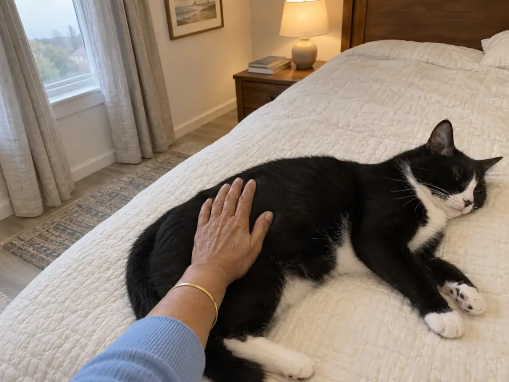 A woman's hand resting flat along the back of a young tuxedo cat lying on a quilted bedspread