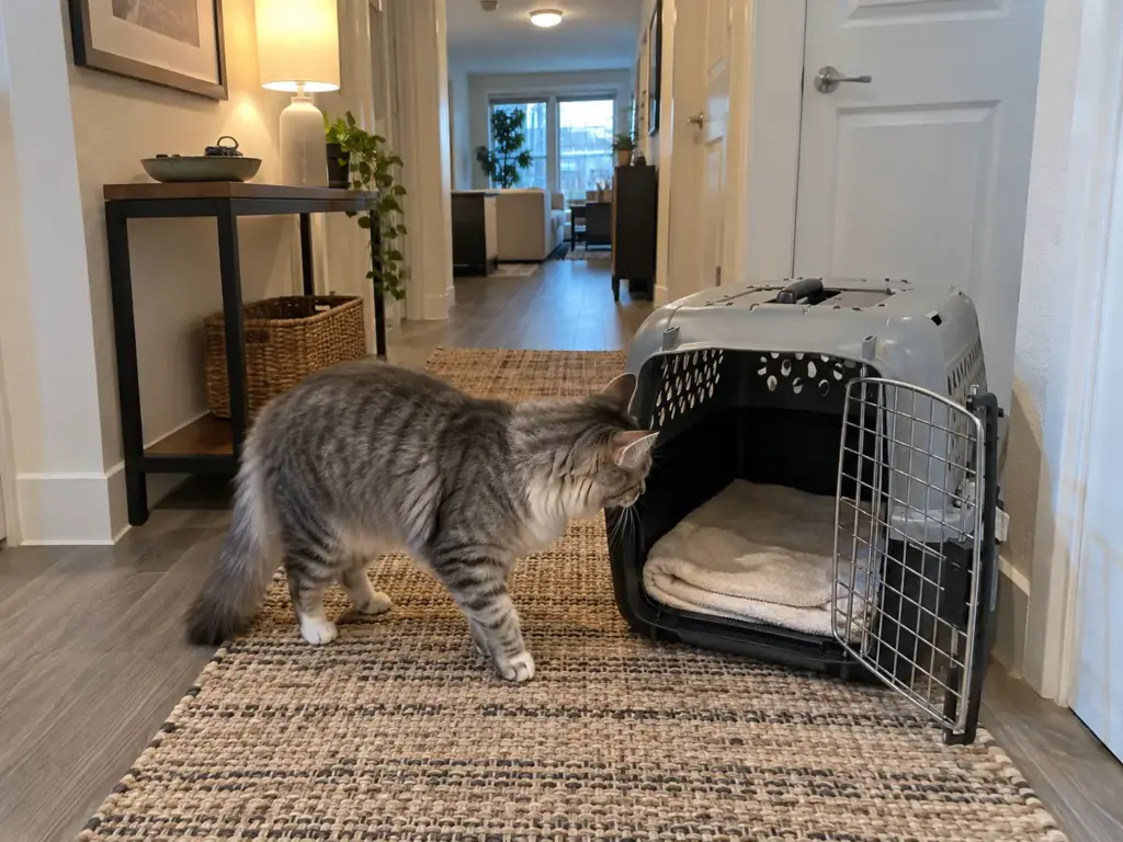 A silver tabby cat sniffs an open pet carrier lined with a folded towel on a hallway rug