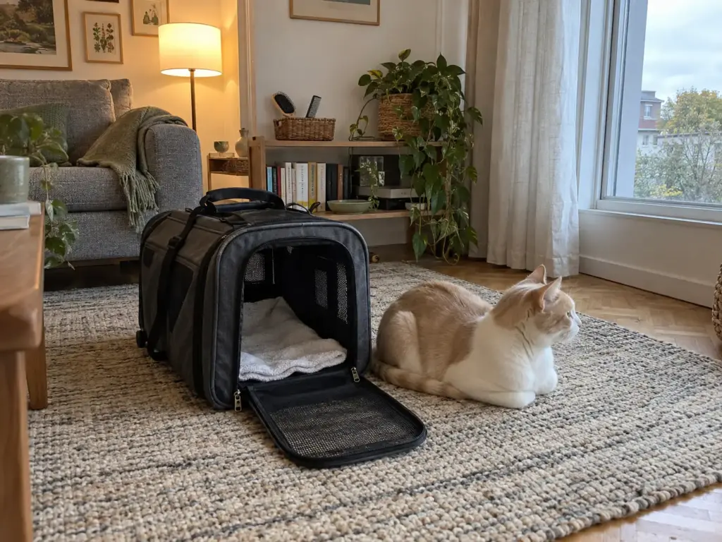 A cream-and-white cat sits calmly beside an open carrier on the rug, for when brushing is not the answer