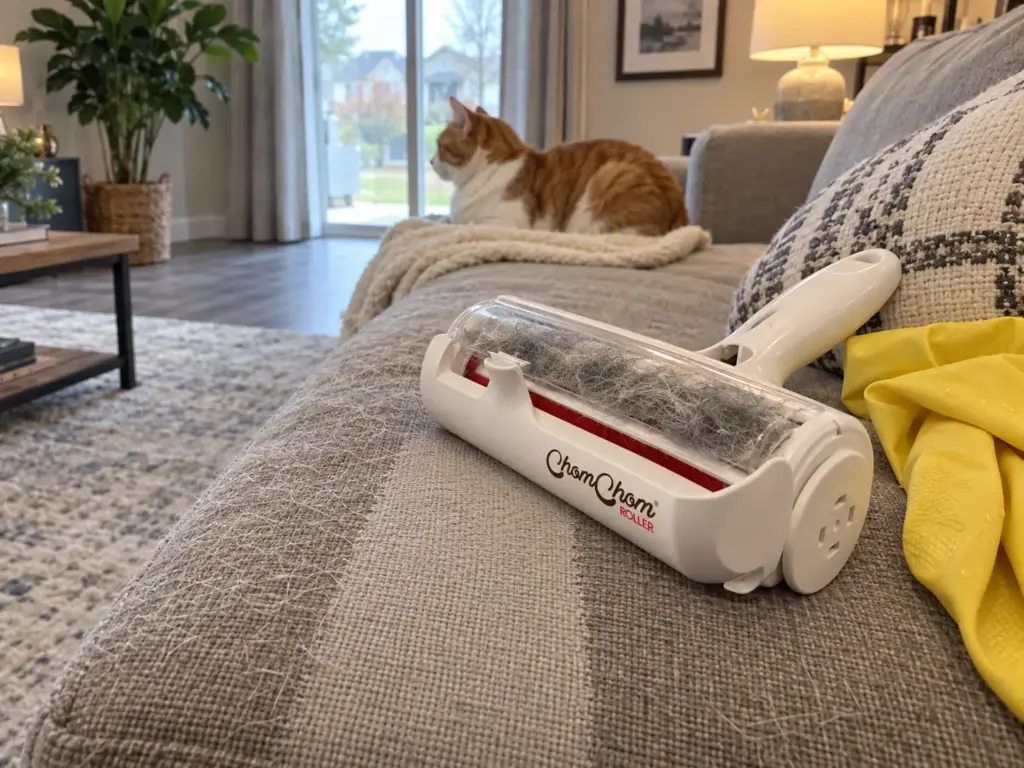 Pet hair roller on a sofa arm beside a clean strip and a damp rubber glove while a bicolor cat sits at the far end