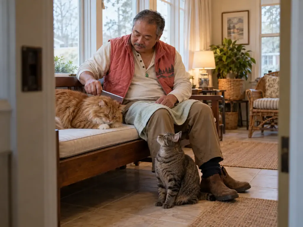 A man sits on a porch bench with a towel and a steel comb while two cats with different coats rest nearby