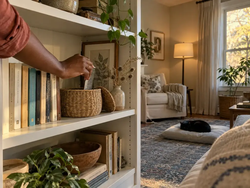 A woman's hand setting a steel comb into a lidded basket on a bookshelf while a black cat sleeps on the rug