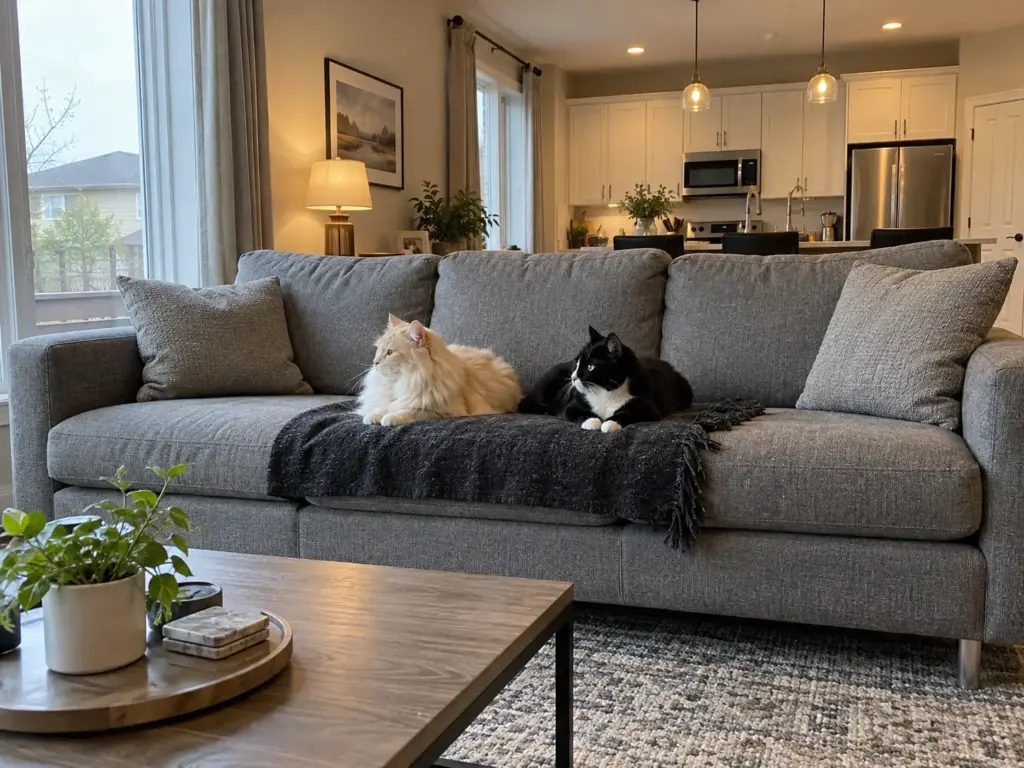 A cream long-haired cat and a black-and-white short-haired cat lie on a grey sofa on a dark throw dusted with hair