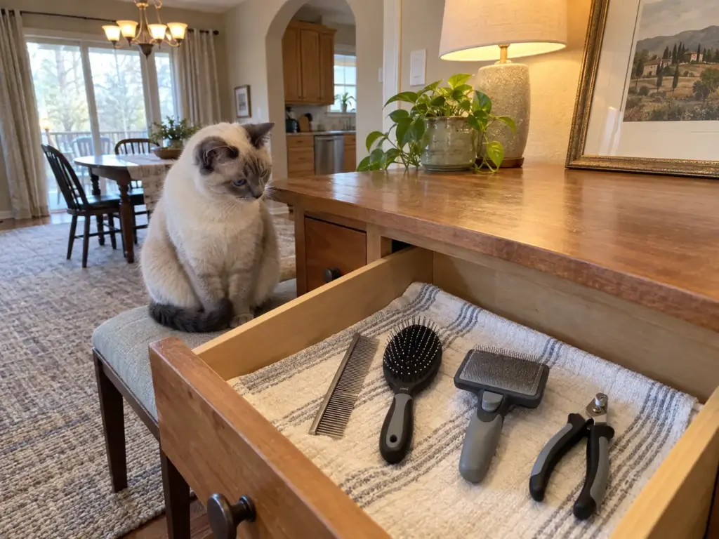 A shallow sideboard drawer holding four grooming tools in a row on a folded towel with a Siamese mix cat beside it