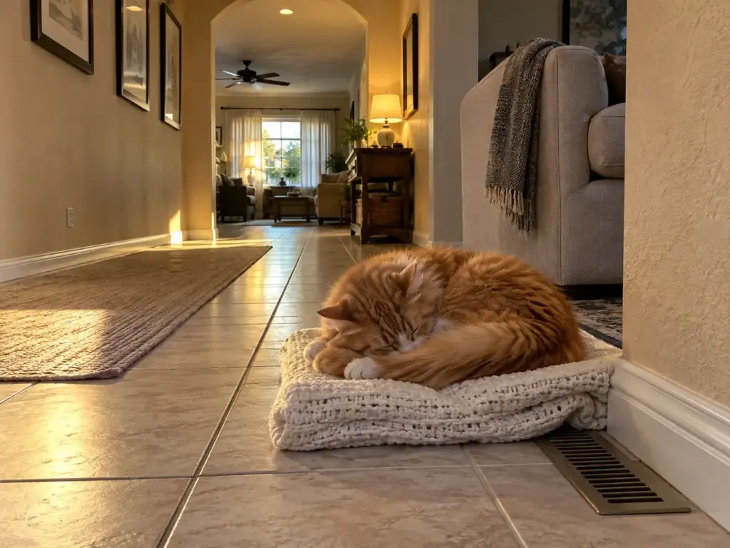 A ginger tabby with white socks sleeps on a folded cream cotton throw on cool hallway tile in front of a floor vent