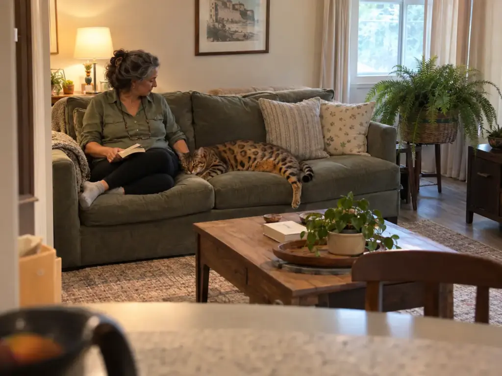 Woman sitting at one end of a pale sofa while a large Bengal cat takes up the rest of the cushions