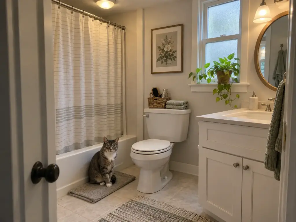 An older grey tabby on a bath mat in a small bathroom, a basket of brushes and a folded towel nearby