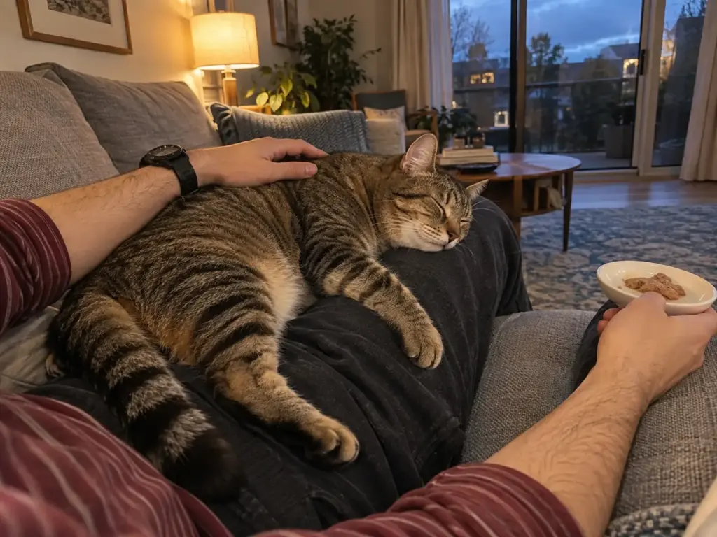 A young man's forearms and a sleeping brown tabby across his lap on a sofa, a saucer of soft treats on the arm