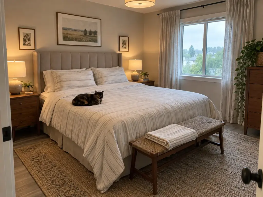 A tortoiseshell cat curls up on a thin striped sheet laid over the comforter of a made bed, with a spare layer on the bench