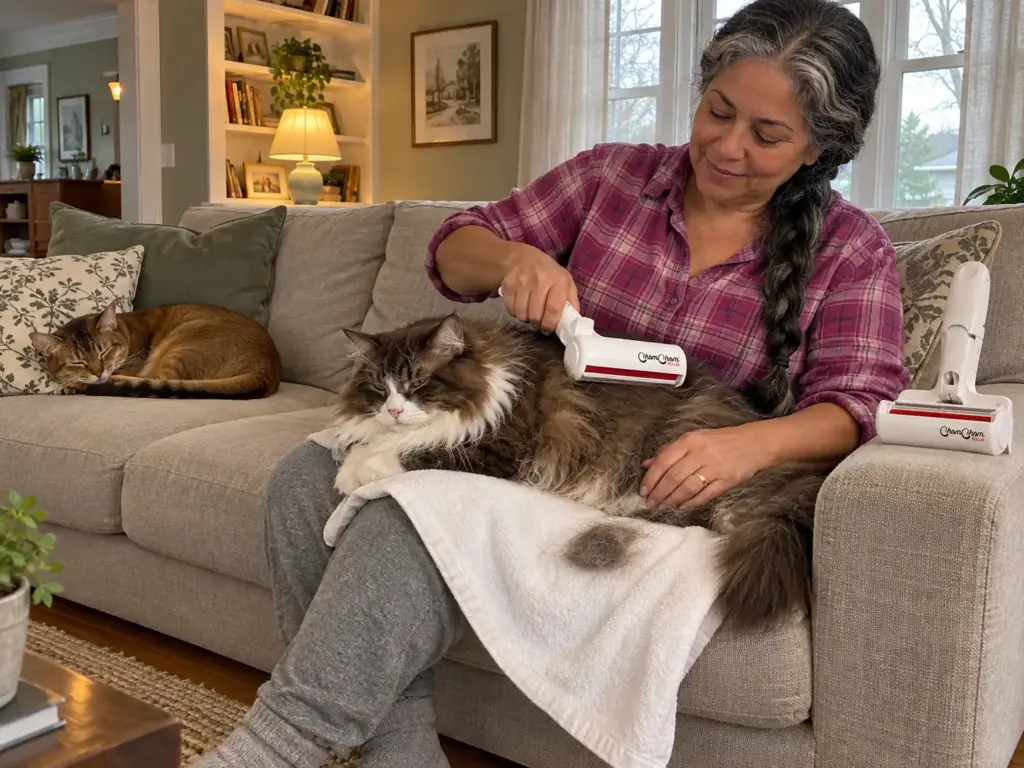 A woman brushes a long-haired cat on a towel while a short-haired cat naps on the sofa, with a pet hair roller on the arm