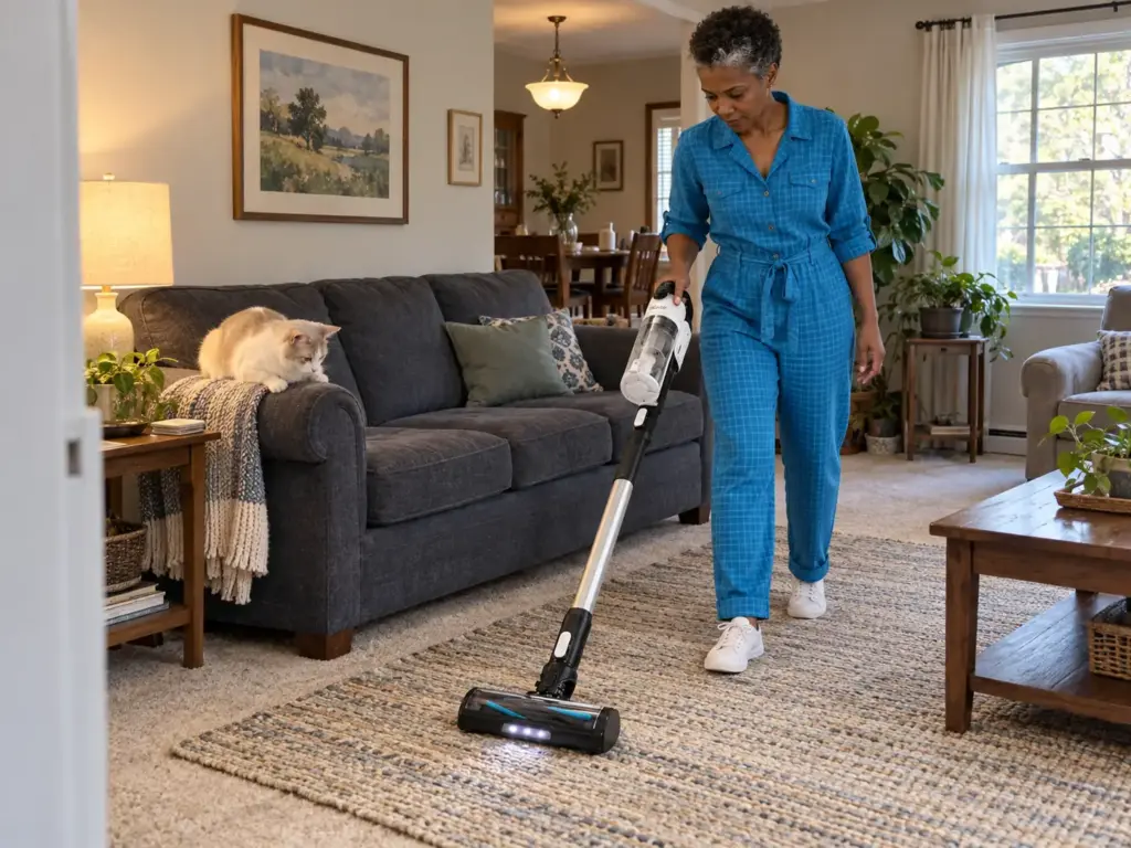A woman in a cyan utility jumpsuit vacuums a rug beside a sofa with a cordless stick vacuum while a young cat watches