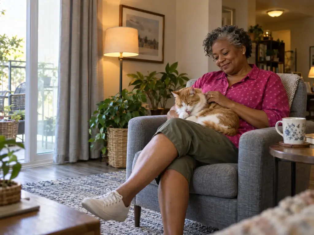 A woman in an armchair rests a hand on a lean orange-and-white cat licking its paw in her lap