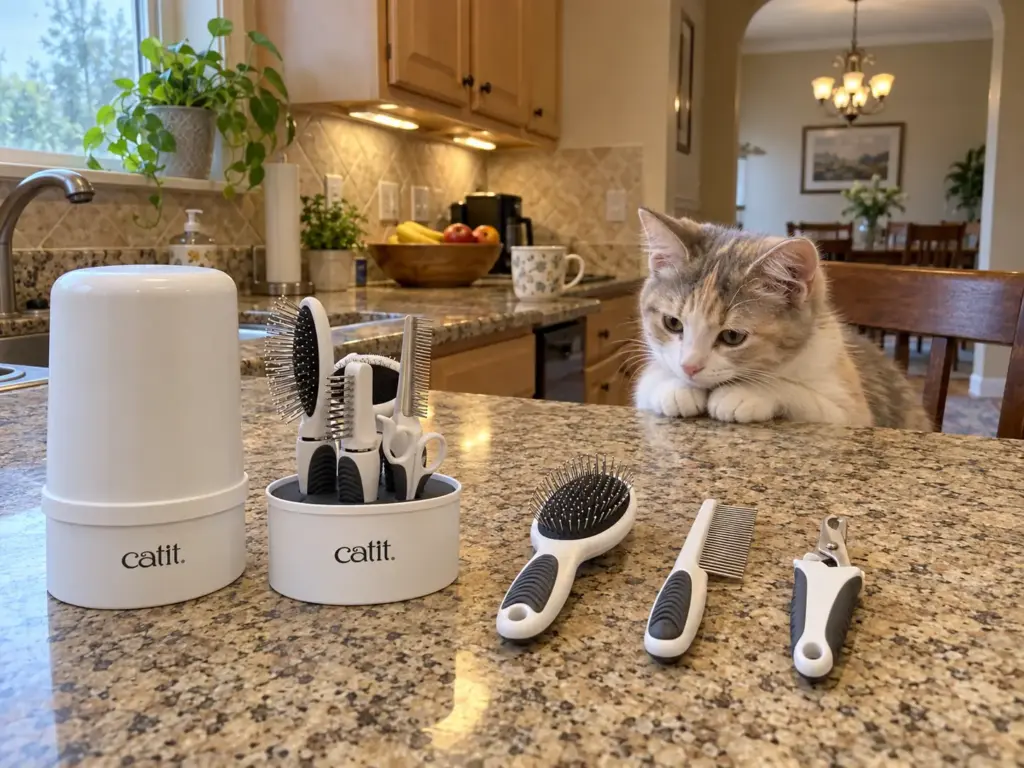 A boxed cat grooming kit with its lid off beside three loose tools on a kitchen counter, a calico kitten watching
