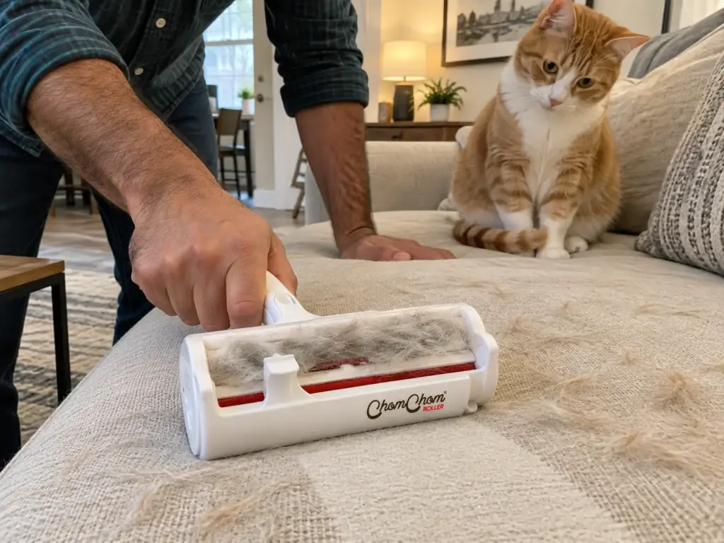 Man's hands rolling a ChomChom pet hair roller across a sofa cushion while a ginger-and-white cat watches