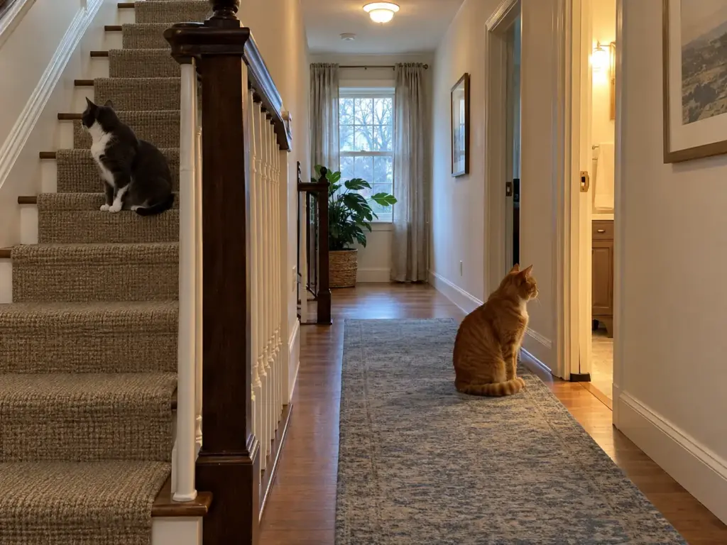 A red tabby waits outside a bathroom door held ajar while a grey-and-white cat sits on the stairs behind